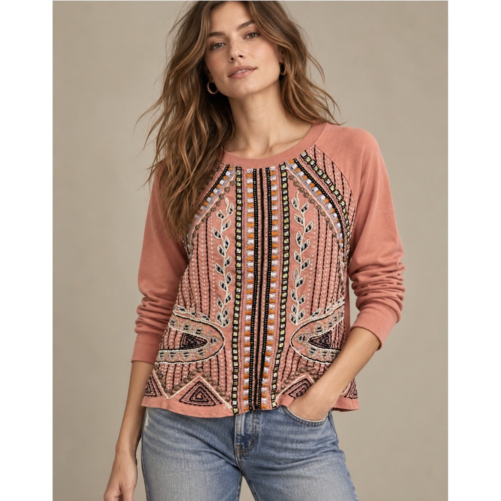 Anthropologie Akemi + Kin Sweatshirt M‎ Pink Embellished Beaded Embroidered Top